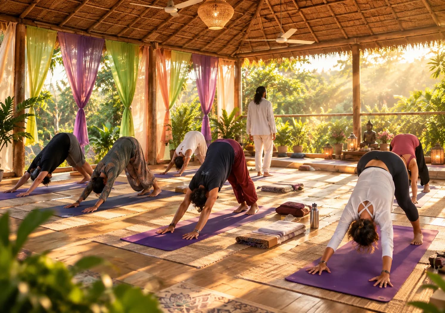 Atelier de yoga en groupe : postures du chien tête en bas sur des tapis violets, sous une terrasse ouverte sur la nature