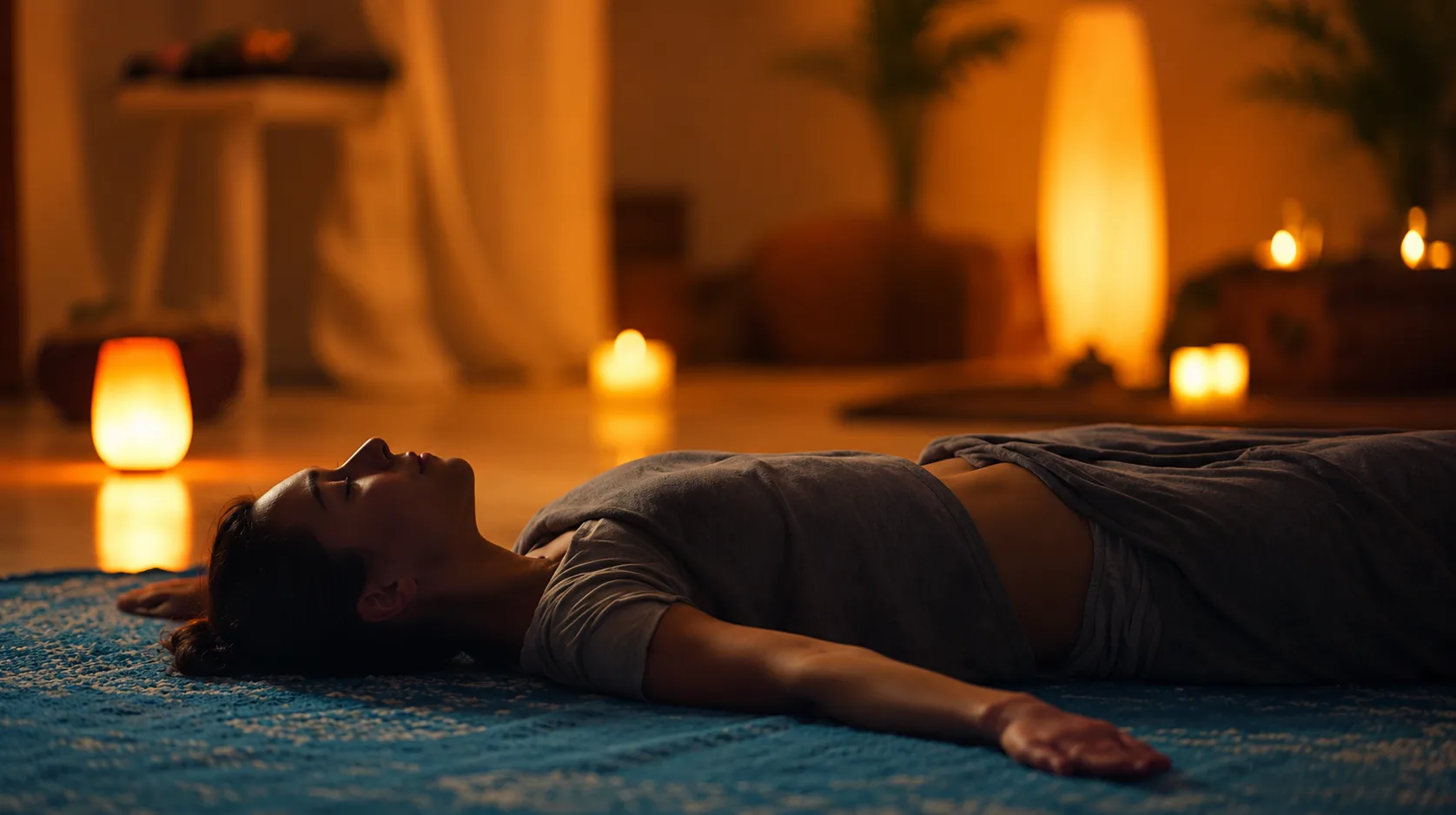 Femme allongée en relaxation profonde, pour le yoga nidra, à la lueur des bougies